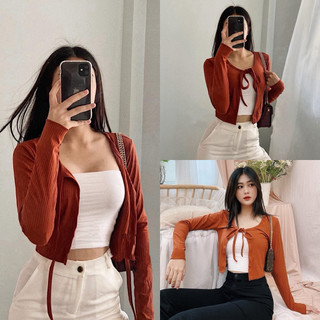 Áo Croptop Cadigan Cột Dây Thun Gân Dày Dặn Tay Dài