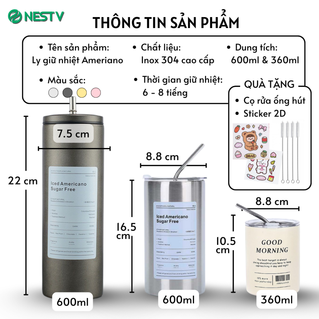 [KÈM ỐNG HÚT] Bình nước giữ nhiệt, ly giữ nhiệt Iced Americano inox 304 đúc liền khối cao cấp có nắp đậy | BigBuy360 - bigbuy360.vn