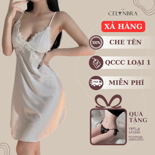 Váy ngủ lụa satin 2 dây sexy gợi cảm phối ren đan chéo lưng, kèm mút ngực THE CELYNBRA V54