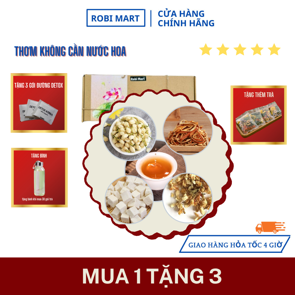 Trà thơm không cần nước hoa, chỉ cần thải độc đúng cách robimart (nhài nụ, hoa nhài, bạch phục linh, trần bì) - kèm quà