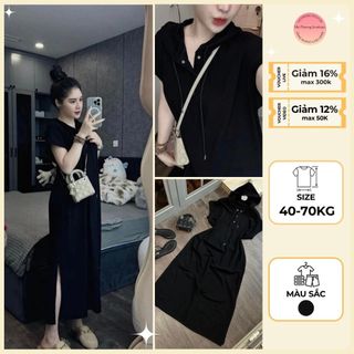 Váy Phông Cộc Tay Dáng Dài Đầm Phông Dáng Suông Cài Cúc Có Mũ Xẻ Thấm Hút Mồ Hôi 40-70kg mẫu VAYBASICMUXE. TP333