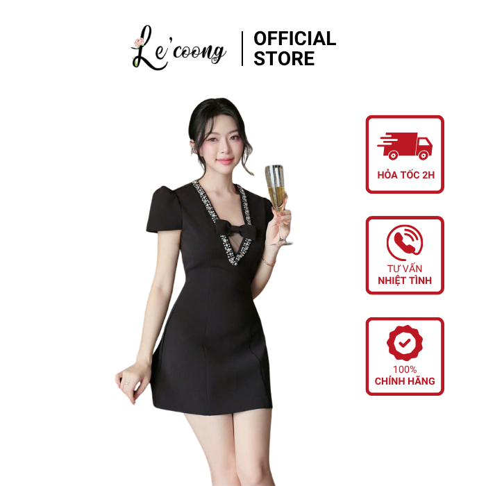 Váy Thiết Kế Cổ V Viền Đá LECOONG V798 (CÓ BIGSIZE) Đầm Tiểu Thư Hai Màu Đen Trắng Đi Tiệc Sang Chản