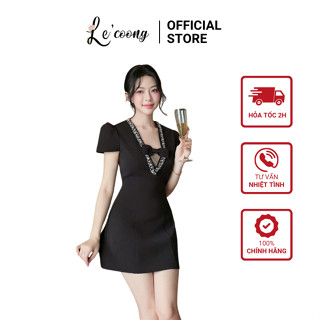 Váy Thiết Kế Cổ V Viền Đá LECOONG V798 (CÓ BIGSIZE) Đầm Tiểu Thư Hai Màu Đen Trắng Đi Tiệc Sang Chảnh