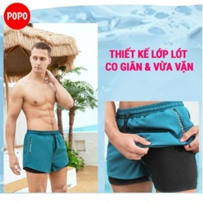Quần bơi nam, quần đi biển, đi bơi, chơi thể thao 2 lớp POPO QB4 vải pha thoáng khí, mau khô