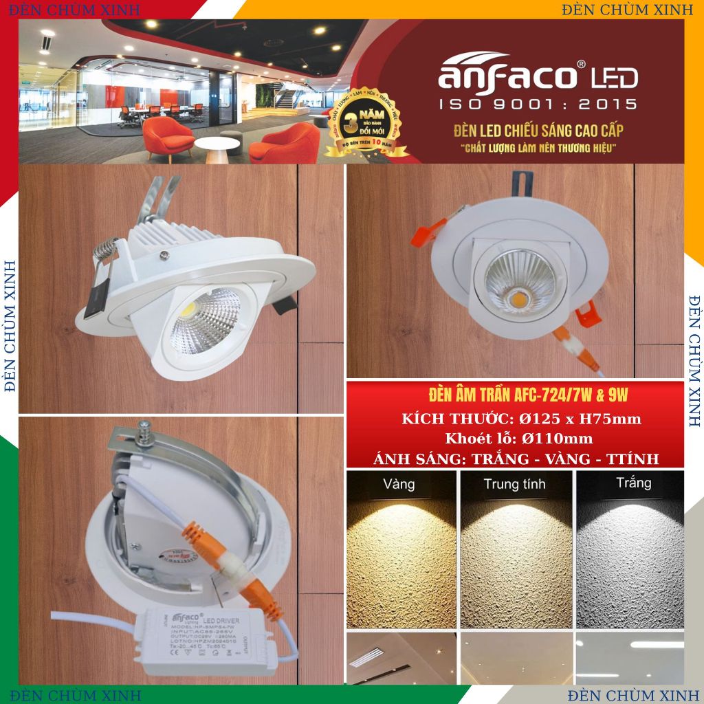 [ ĐÈN CHÙM XINH ] Đèn led âm trần, đèn led downlight chính hãng ANFACO AFC-724/5W/7W