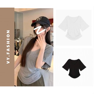 Áo thun tay ngắn cổ chữ V màu đen, dáng ôm chiết eo phong cách Hàn Quốc, thoáng khí thích hợp mặc hàng ngày A09