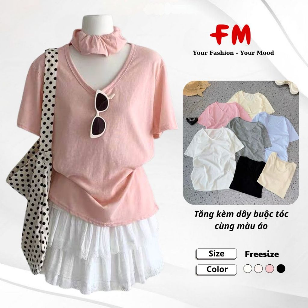 Áo Thun Giấy Trơn Nữ FMSTYLE Cổ tym chất vải mềm mát lạnh tặng kèm Buộc Tóc Freesize 25070232
