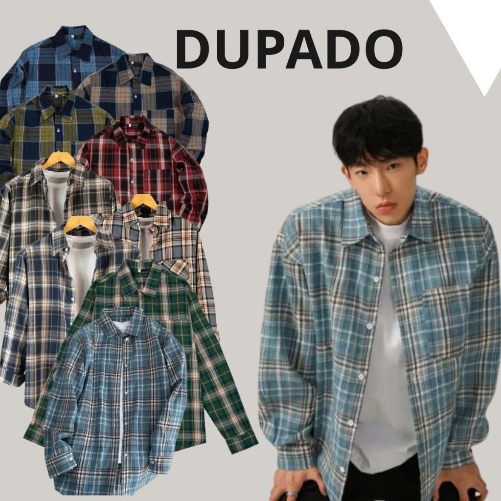 Áo Sơ Mi Flannel Kẻ Caro Dài Tay Nam Nữ Caro DUPADO Chất Liệu Dạ Cotton Có Cổ Bẻ Màu Xanh Rêu Kẻ Sọc