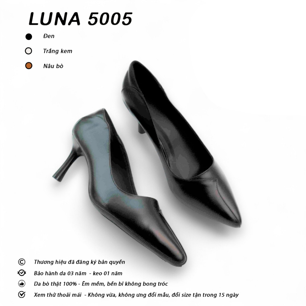 Cao gót nữ 7p Lunashoes 5005 giày da bò thật guốc mũi nhọn cho mẹ đen đỏ trắng nâu bảo hành 24 tháng