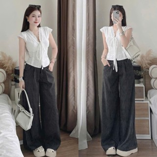  Sét đồ nữ áo ren hoa nổi tay con cổ V cột nơ kèm quần dài sọc ống suông tính tế cho nàng diện đi làm hoặc đi chơi 