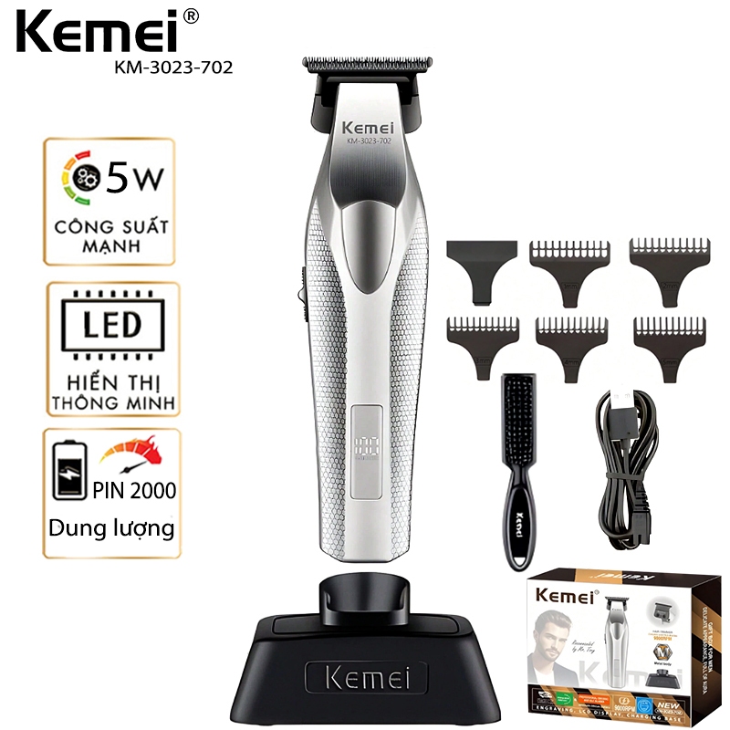 Tông đơ bấm viền Kemei 3023-702, Pin 2000mAh, dùng được tới 120 phút, cắt ngọt, không gỉ