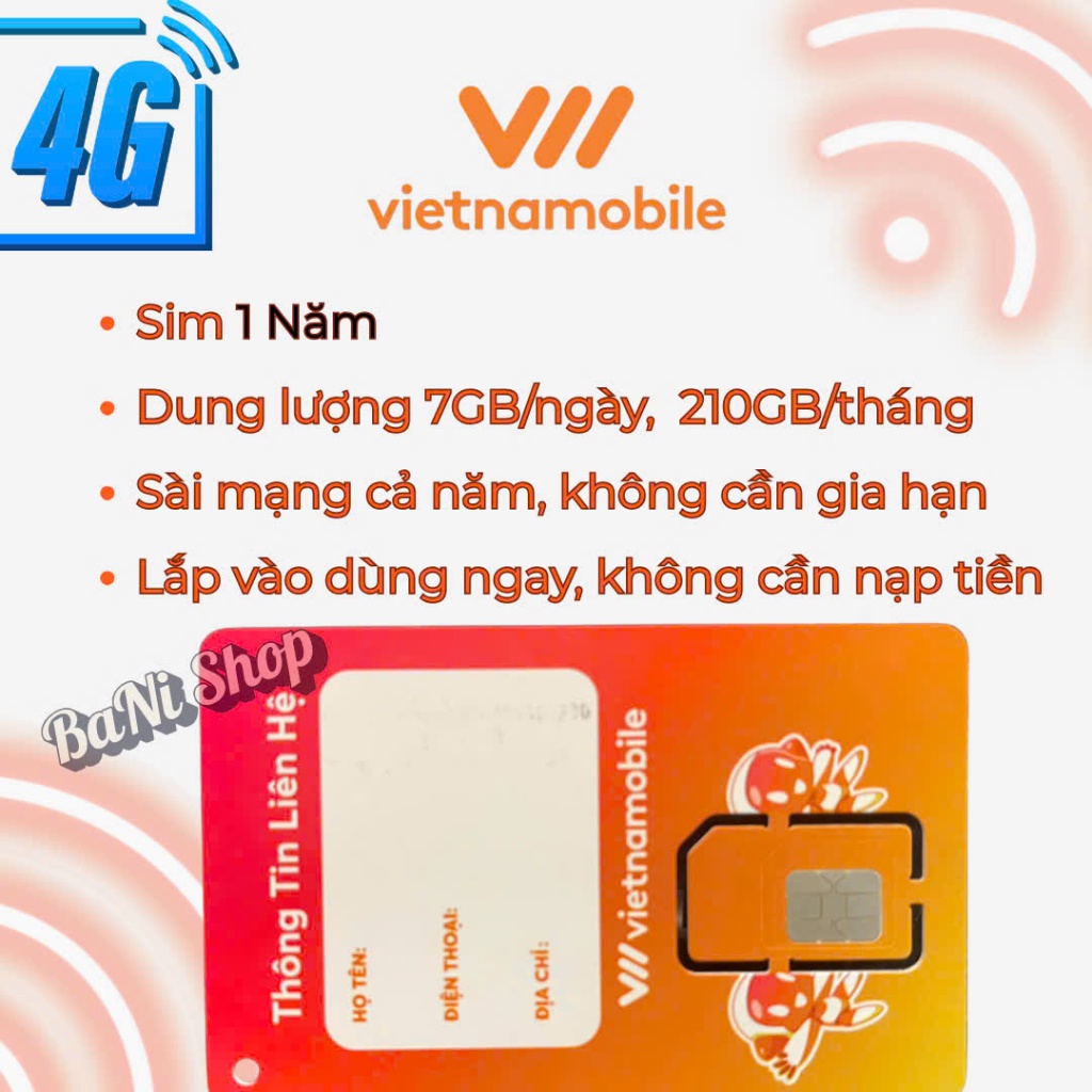 Sim 4G 1 năm Vietnamobile/Sim mạng 12 tháng/ Sim 7GB/ngày, 210GB/tháng
