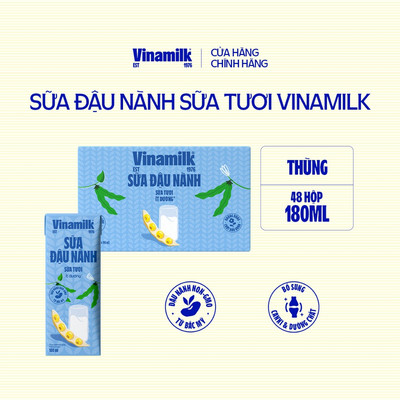 Thùng Sữa đậu nành Tươi Ít Đường Vinamilk 180ml - 48 hộp/Thùng