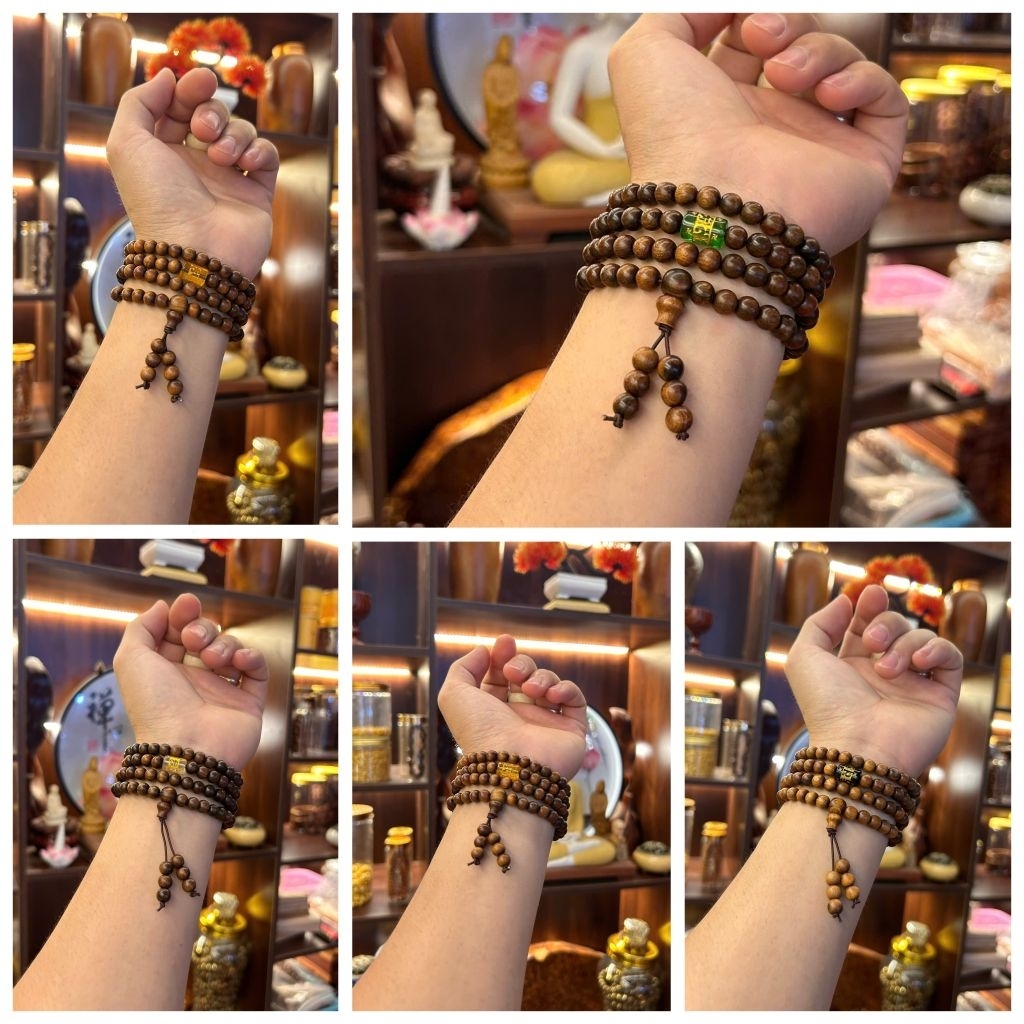 vòng tay 108 hạt gỗ bách xanh mix lu thống ommani bình an