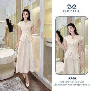  Set Váy Công Sở Thanh Lịch OLIVIA.CHIC Áo Cổ Vest Peplum Ôm Eo Phối Chân Váy Xếp Ly Lệch Tà S340 