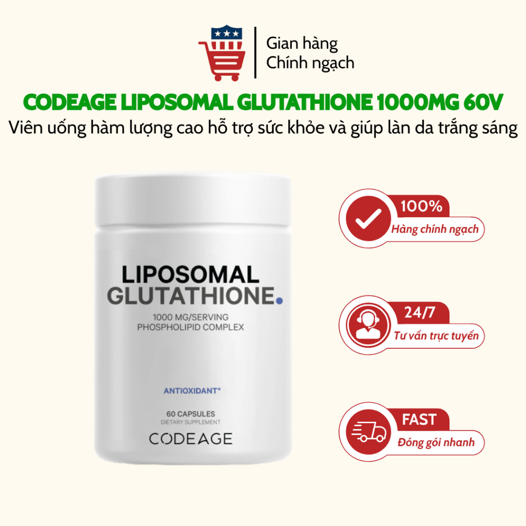 Viên uống dưỡng da trắng mịn, giảm thâm nám Liposomal Glutathione 1000mg CODEAGE 60 viên