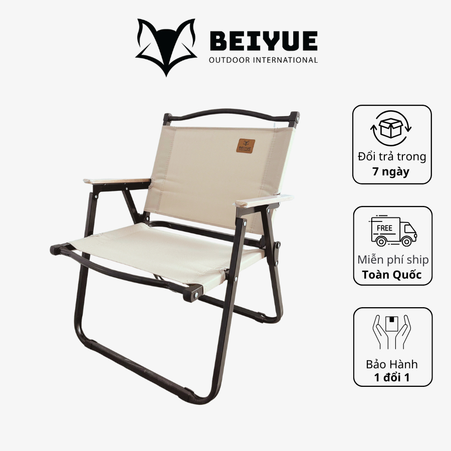 Ghế Gấp Gọn BEIYUE Khung Đen Vải Be – Nhập Khẩu Chính Hãng – Ghế Cafe, Dã Ngoại, Du Lịch – Bảo Hành 
