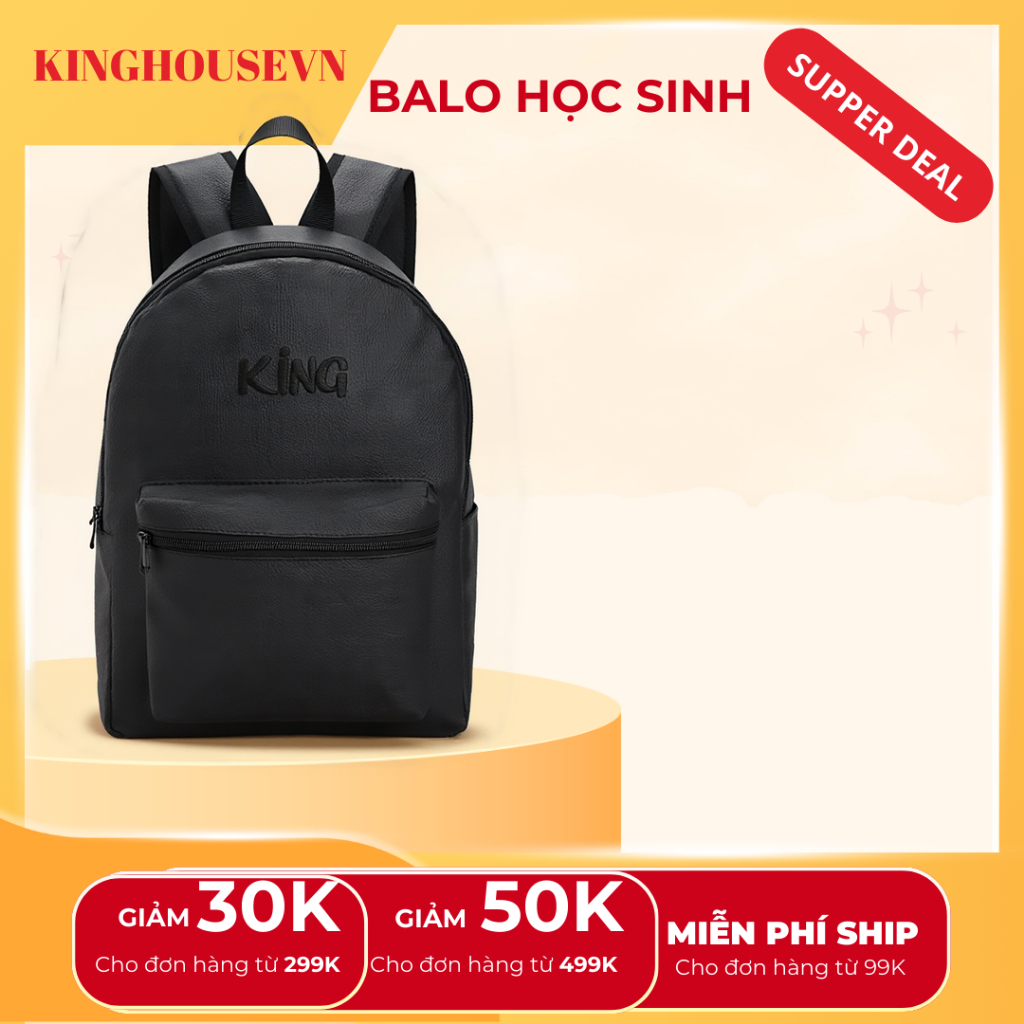 Balo Da Unisex Chống Nước Balo Backpack Trơn King thêu 2 - Màu Đen Đeo Vai - Backpack Unisex
