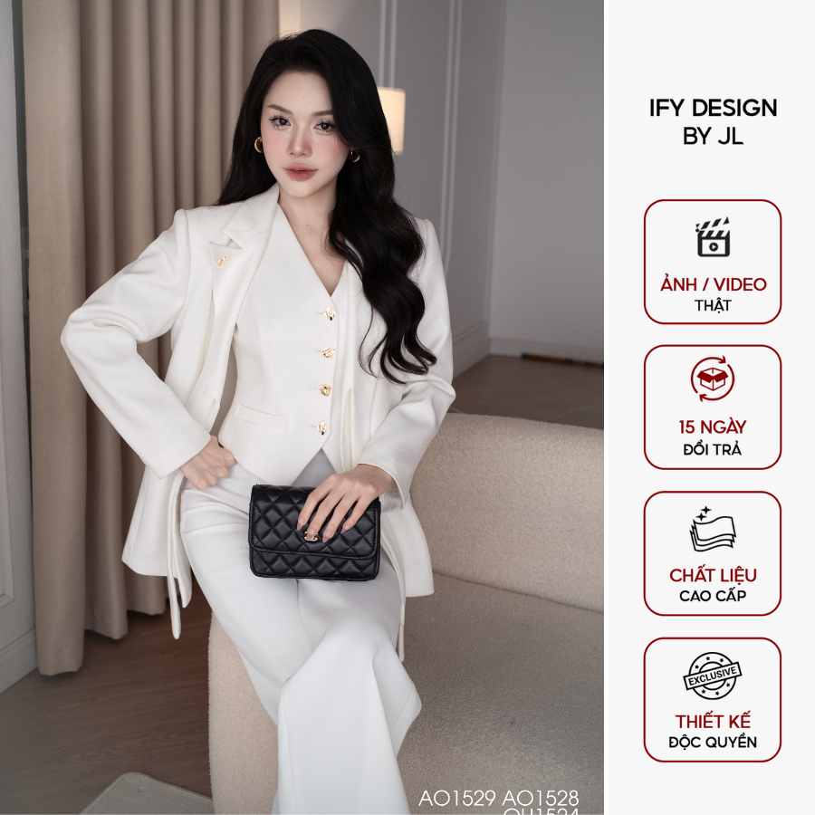 Set blazer 𝐈𝐅𝐘 𝐃𝐄𝐒𝐈𝐆𝐍 Áo gile ngắn basic Áo vest khoác đính cúc kim loại, Quần dáng đứng AO1529 QU15