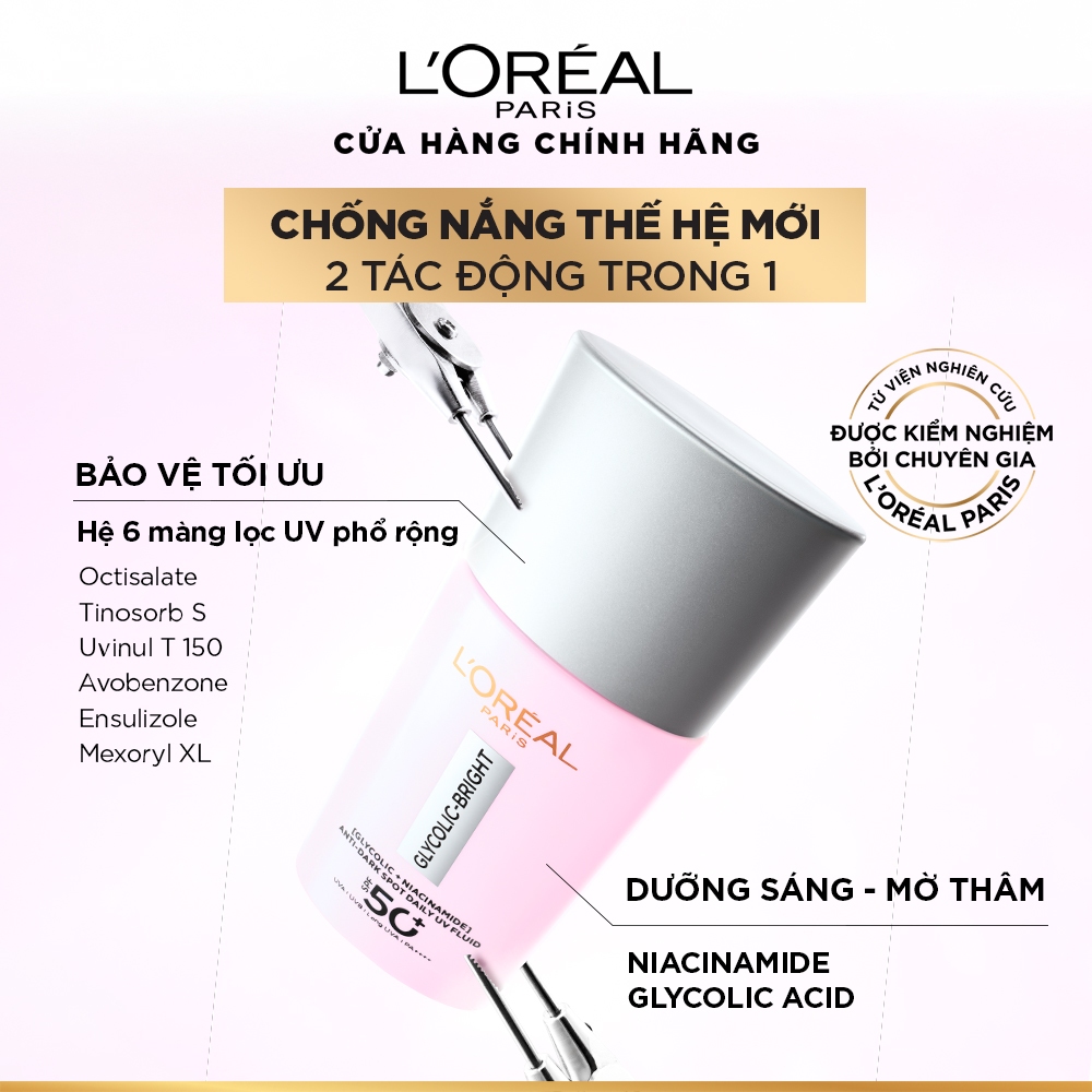 Sữa chống nắng phổ rộng mỏng nhẹ bảo vệ da và dưỡng sáng mờ thâm nám Glycolic Bright Anti-Dark Spot L’Oréal Paris 50ml | BigBuy360 - bigbuy360.vn