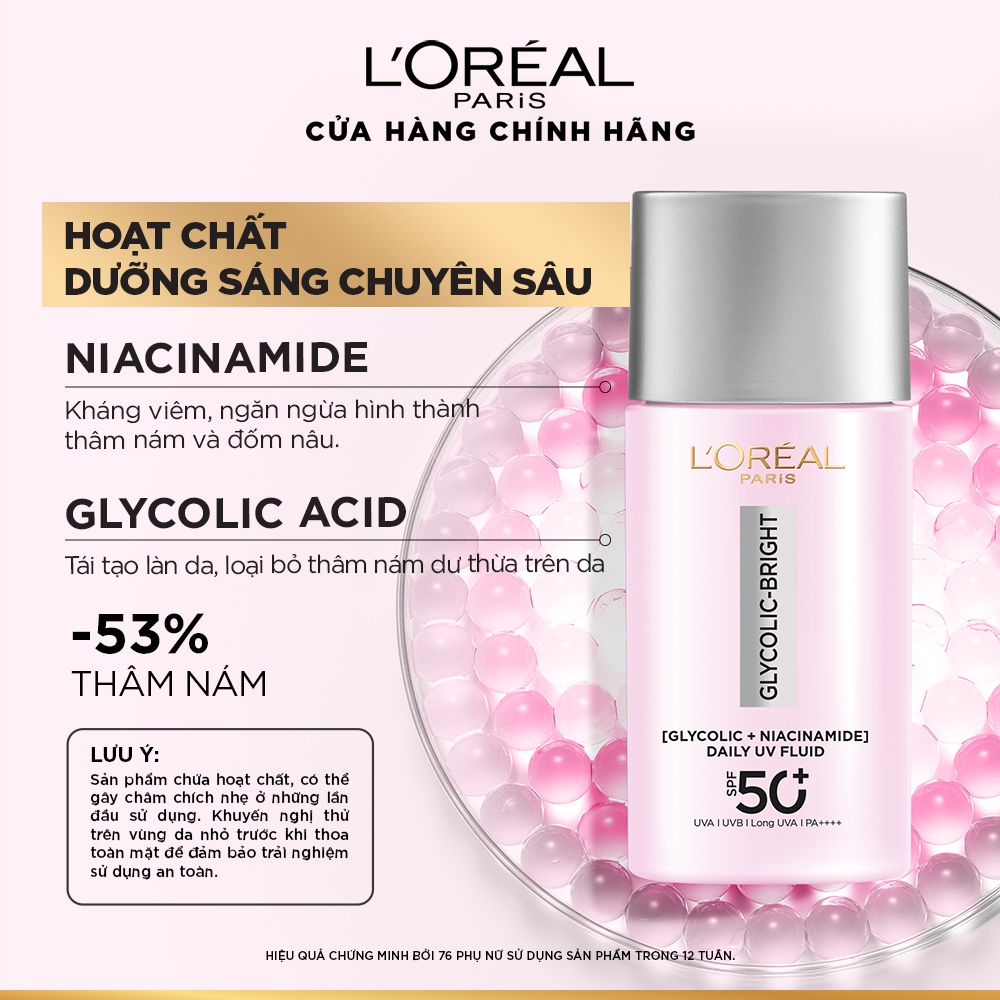 Sữa chống nắng phổ rộng mỏng nhẹ bảo vệ da và dưỡng sáng mờ thâm nám Glycolic Bright Anti-Dark Spot L’Oréal Paris 50ml | BigBuy360 - bigbuy360.vn