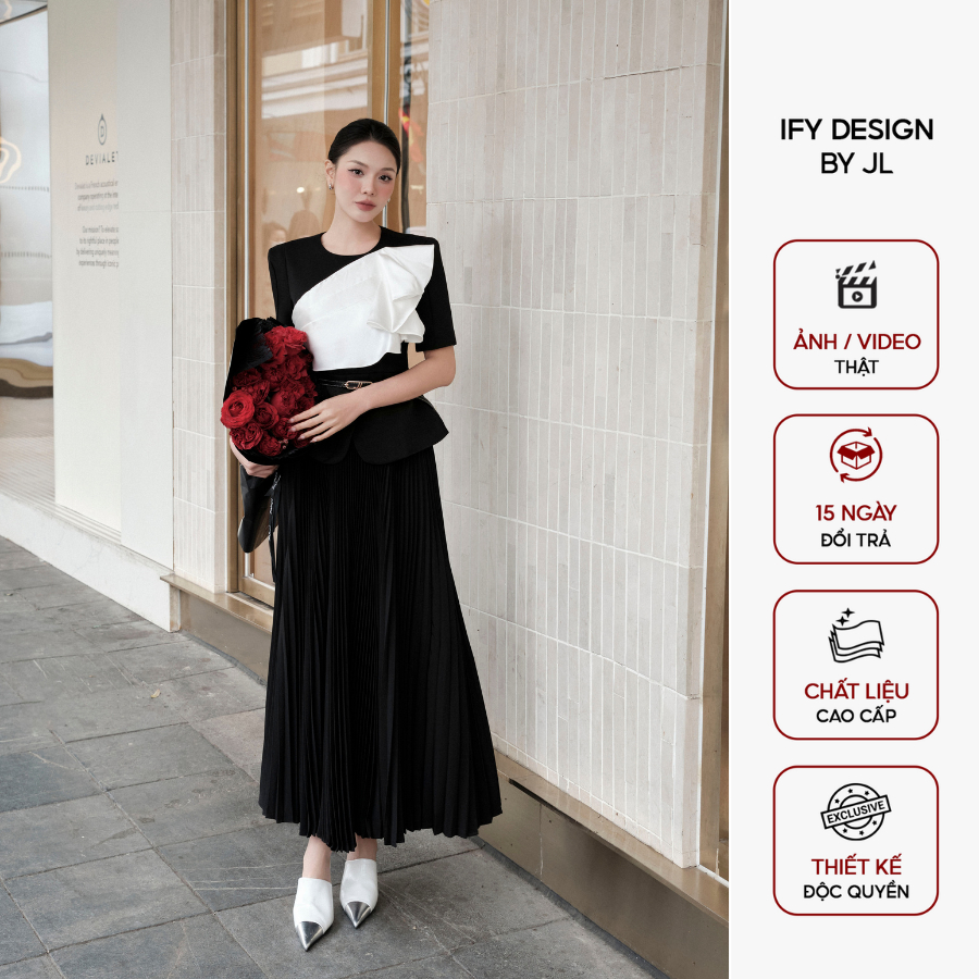 Set đồ nữ 𝐈𝐅𝐘 𝐃𝐄𝐒𝐈𝐆𝐍  Áo peplum cổ tròn phối bèo cách điệu Chân váy chữ A xếp ly AO1581 CV1590