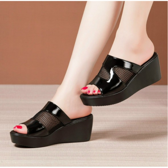 Dép xuồng da phối lưới cao cấp đế cao 5 CM dễ thương