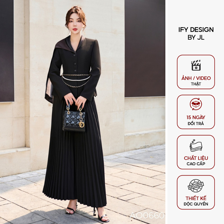 Áo vest nữ đen lệch vai kiểu sang chảnh, chân váy dài dáng xòe thương hiệu IFY DESIGN - AO0660 QU013