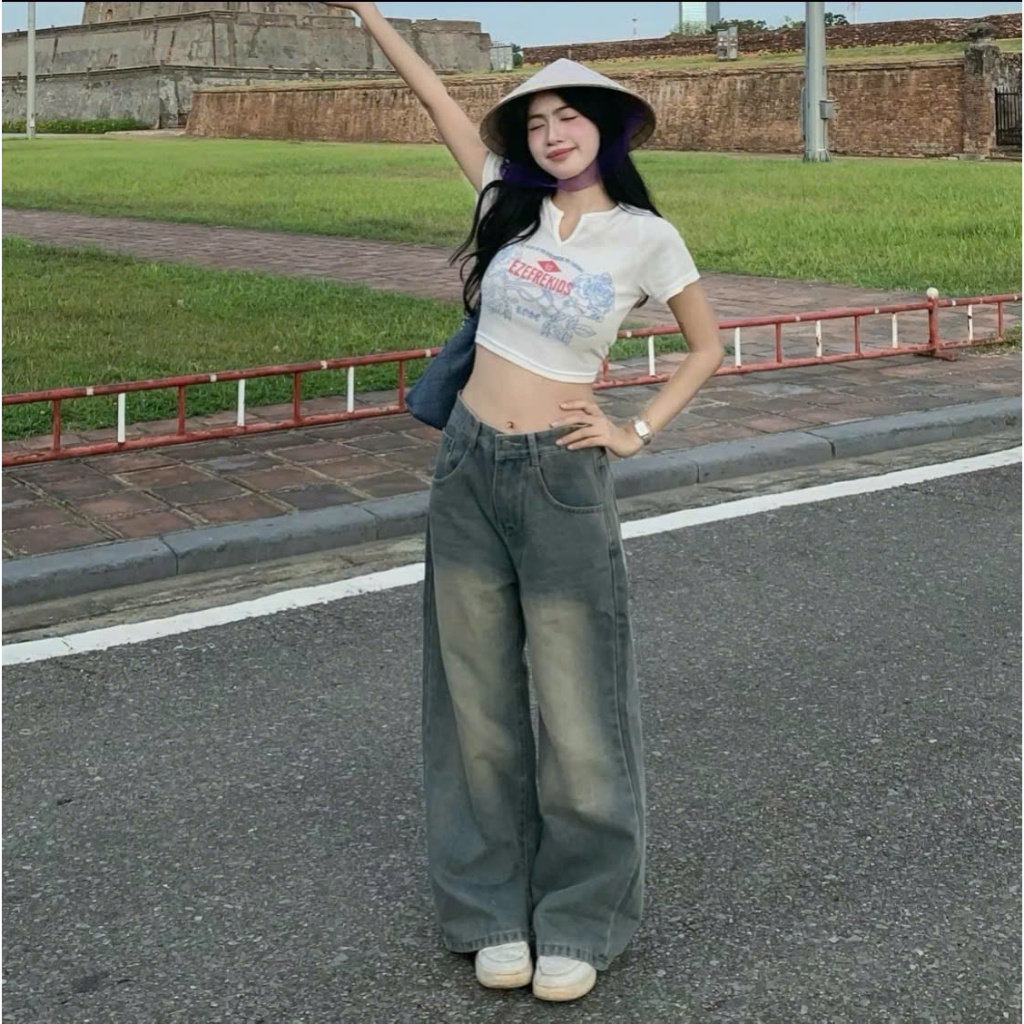 Quần jean bò ống suông rộng nữ xuông jeans cạp cao phong cách style Hàn Quốc | BigBuy360 - bigbuy360.vn