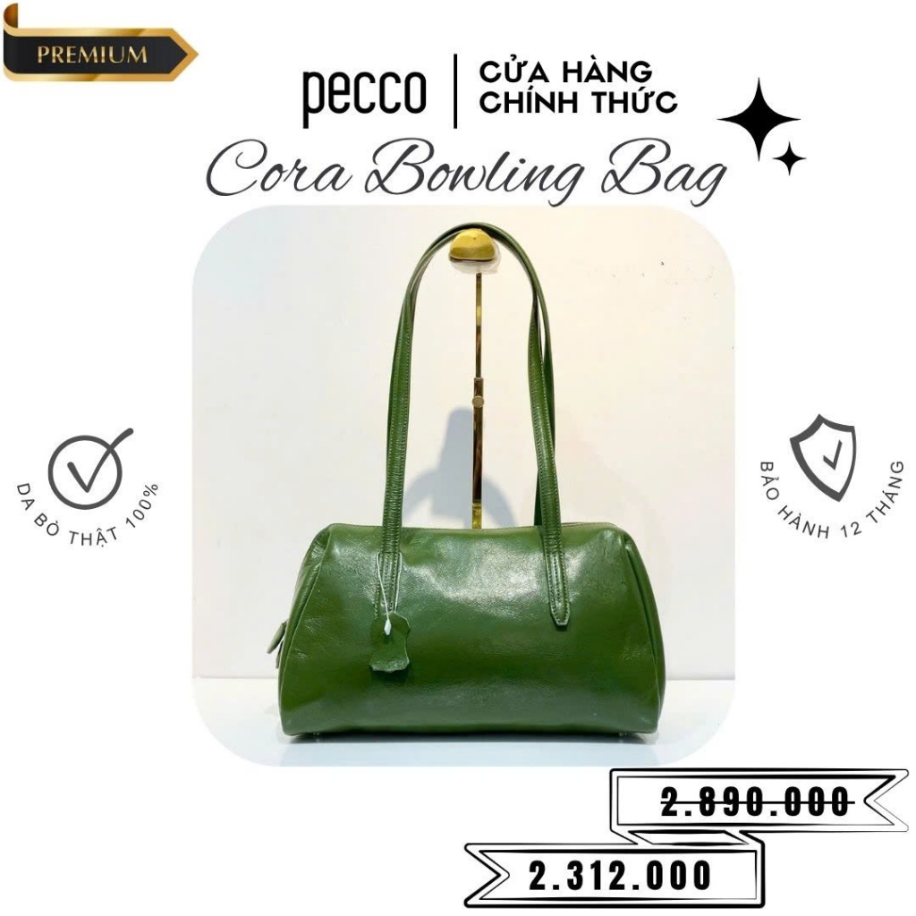 Túi xách nữ PECCO CORA BOWLING Leather Bag cỡ to (31cm) màu xanh  - #2289