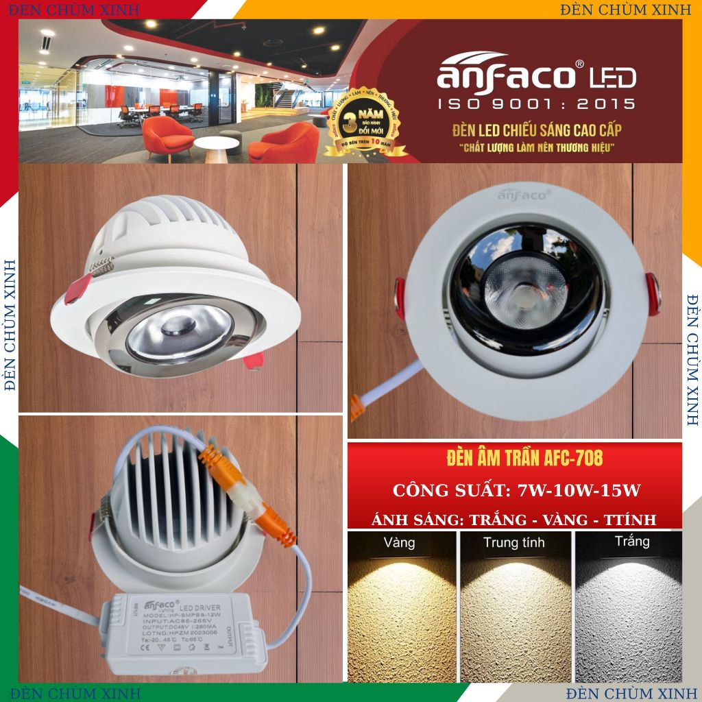 [ ĐÈN CHÙM XINH ] Đèn âm trần, đèn led downlight chính hãng ANFACO AFC-708/7W/10W/15W điều chỉnh góc