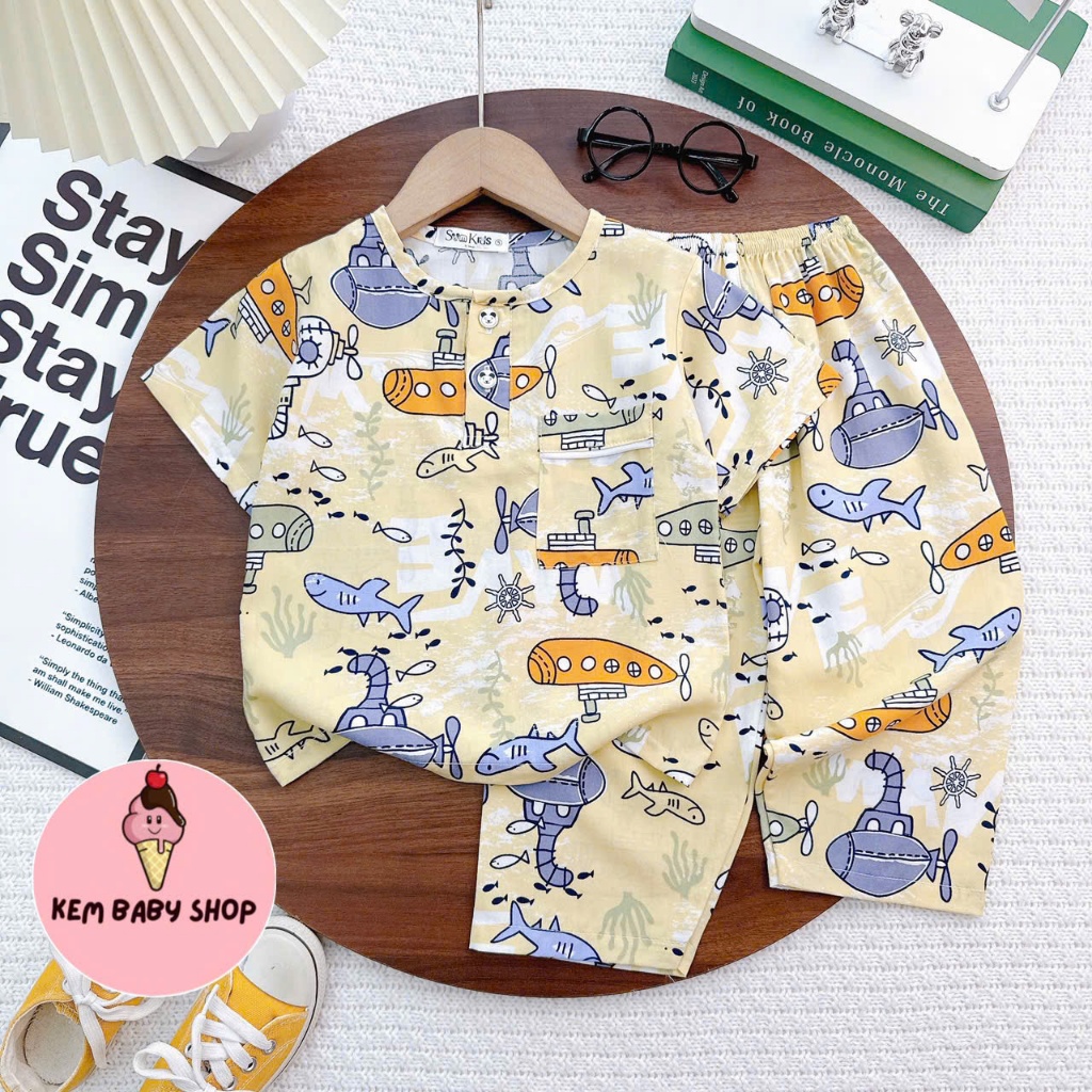 Đồ bộ tole lanh tay ngắn quần dài bé trai, bộ tole dài bé trai kem baby shop