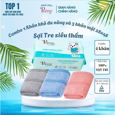 [Chính Hãng] Combo Khăn Khô Đa Năng Poêmy Care và Set Khăn Mặt Sợi Tre (1g poemy care, 3c 28x48)
