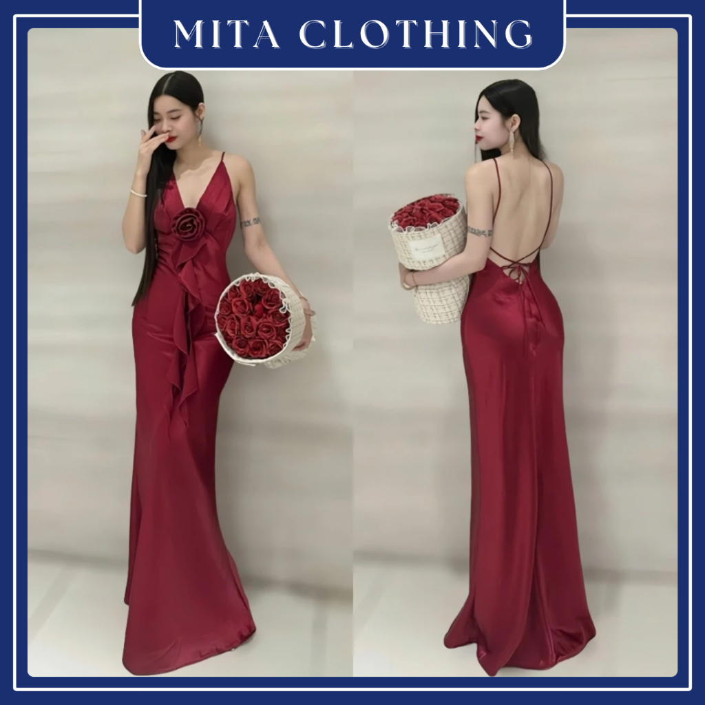 Đầm 2 Dây Lụa Đan Dây Lưng Dáng Dài Đính Hoa Rose Tua Rua Sang Trọng-J10-mita.clothing