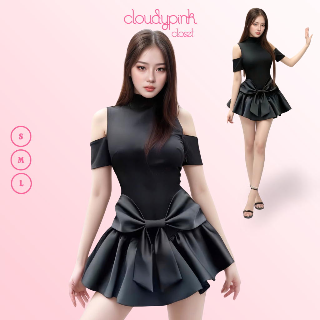 Đầm body khoét vai màu đen CLOUDY PINK cổ cao ôm body tà bồng kiểu đính nơ gợi cảm, cá tính V01