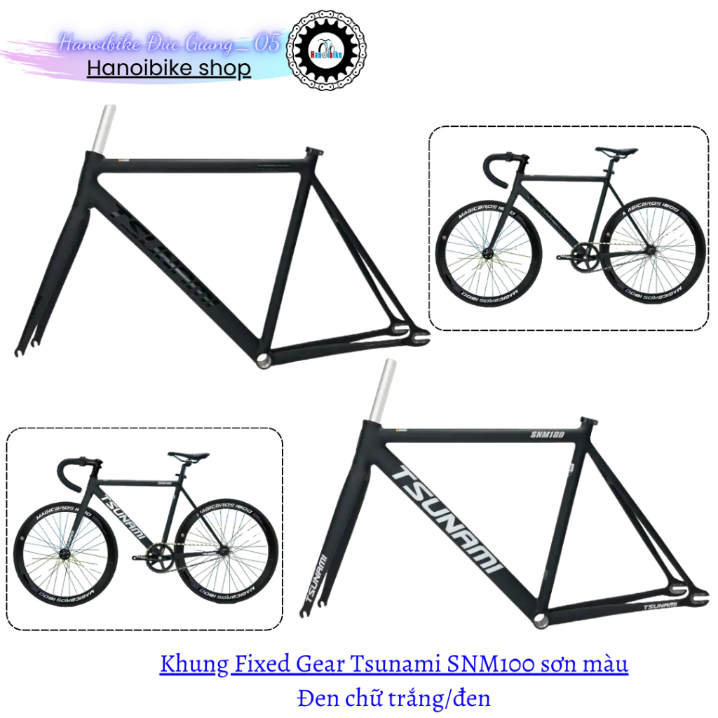 Khung xe đạp Fixed Gear Tsunami SNM100 sơn màu Đen chữ trắng/đen