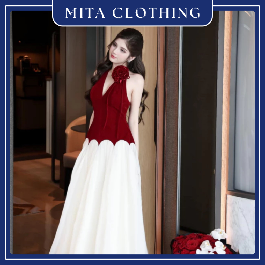 Đầm Nhung Cổ Yếm Chân Váy Phối Voan Tặng Kèm Bông Sang Chảnh-J13-mita.clothing