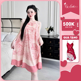 Đầm ngủ hai dây Vy Linh chất liệu gấm hải đường họa tiết 3D xinh xắn thoáng mát, mềm mại S1315