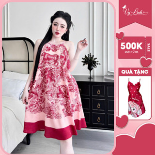 Đầm ngủ hai dây Vy Linh chất liệu gấm hải đường họa tiết 3D xinh xắn thoáng mát, mềm mại S1315