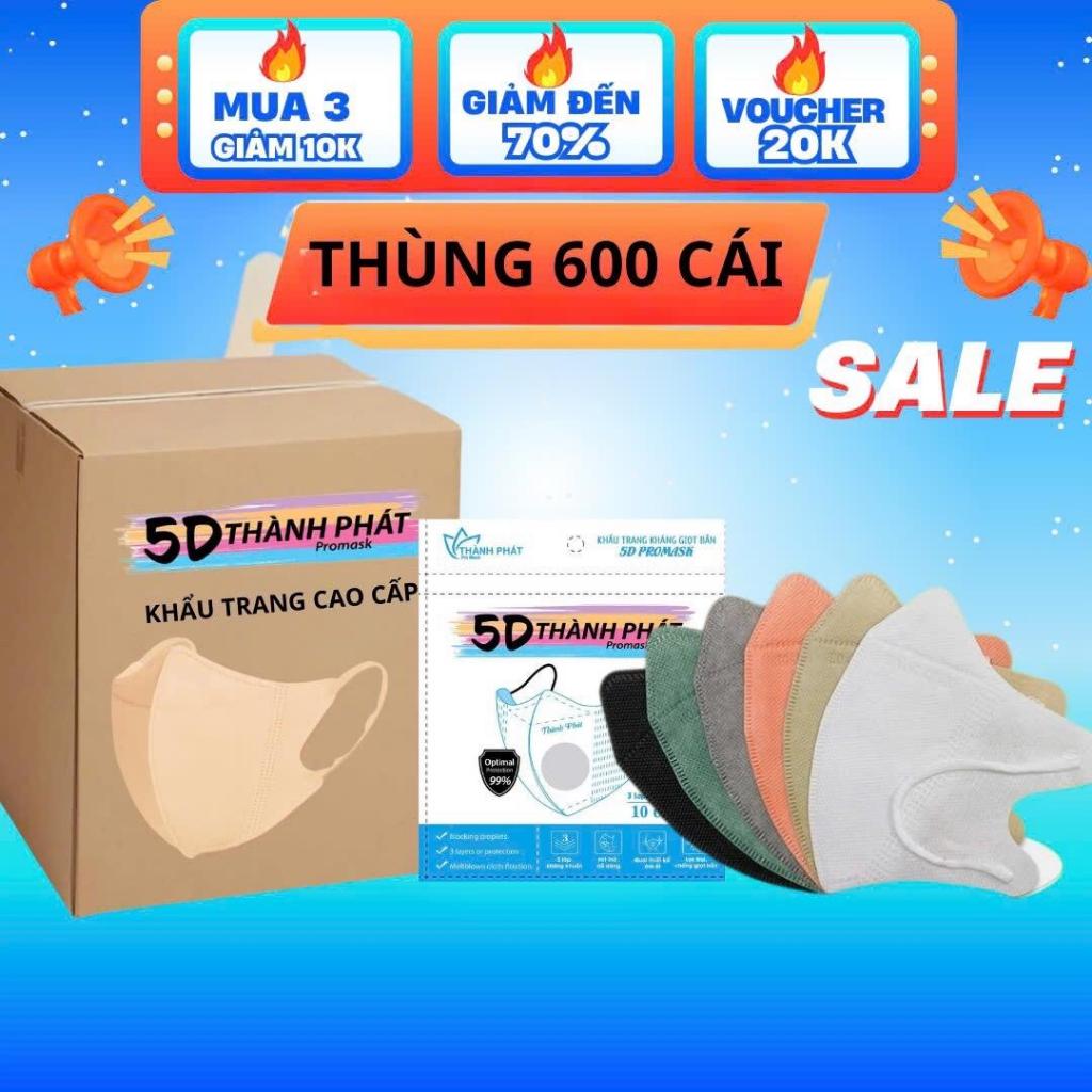 Thùng 600 400 Cái Khẩu Trang 5D THÀNH PHÁT 3 Lớp Lọc Bụi Mịn Chống Tia UV Cho Người Lớn 