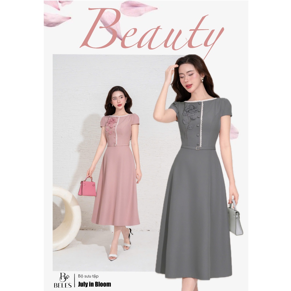 Đầm Xòe Cổ Thuyền Kê Ren Đính Hoa Voan Beles Thanh Lịch Tôn Dáng Đi Làm Đi Chơi V07-2509