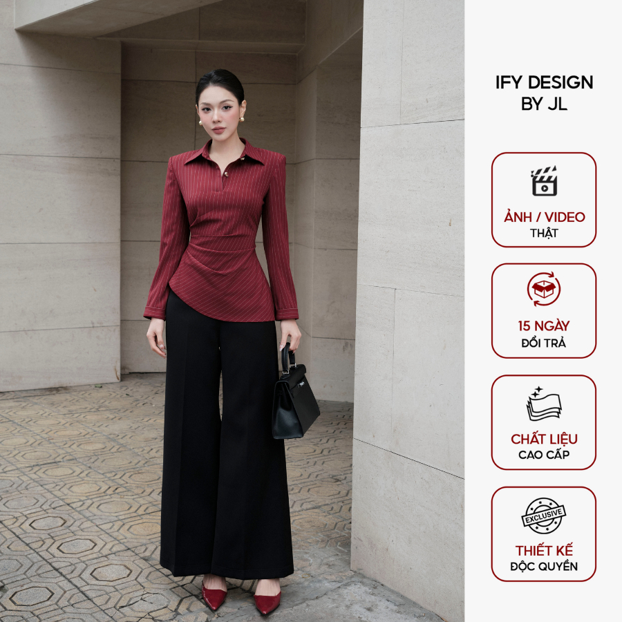 Set đồ nữ 𝐈𝐅𝐘 𝐃𝐄𝐒𝐈𝐆𝐍 Áo sơ sọc đỏ mi nhún eo tôn dáng Quần ống suông khóa sườn AO1540 QU1553