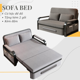 Sofa giường gấp gọn thành ghế bọc vải lanh tặng kèm gối, ghế sofa giường khung sắt có ngăn đựng đồ