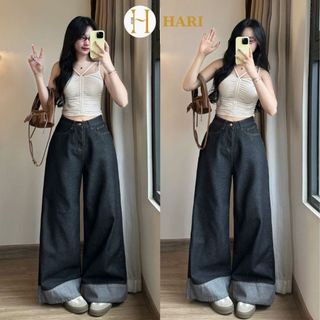  Quần Jean Unisex Fold Series Hari Ống Suông Lật Gấu Lưng Cao Chất Liệu Denim Cao Cấp 1807 P1k2 