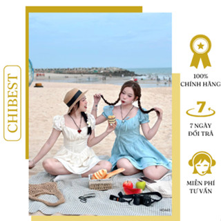 Đầm xoè cổ vuông tay bồng xô thêu nơ ngực phong cách diệu dàng dễ thương CHIBEST HDA63