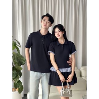 Set đồ đôi áo váy polo xanh navy Lumi phối caro siêu xinh, áo polo nam váy nữ ngắn mặc đôi đi chơi, tặng quà couple