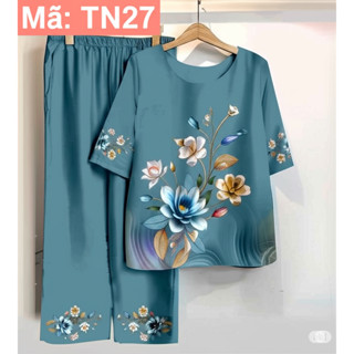 Bộ Đồ Trung Tuổi Đẹp Mặc Đi Chơi, Vải Lụa Sang Trọng, Áo Cổ Tròn Tay Lửng, Quần Dài 9 Tấc Có Túi