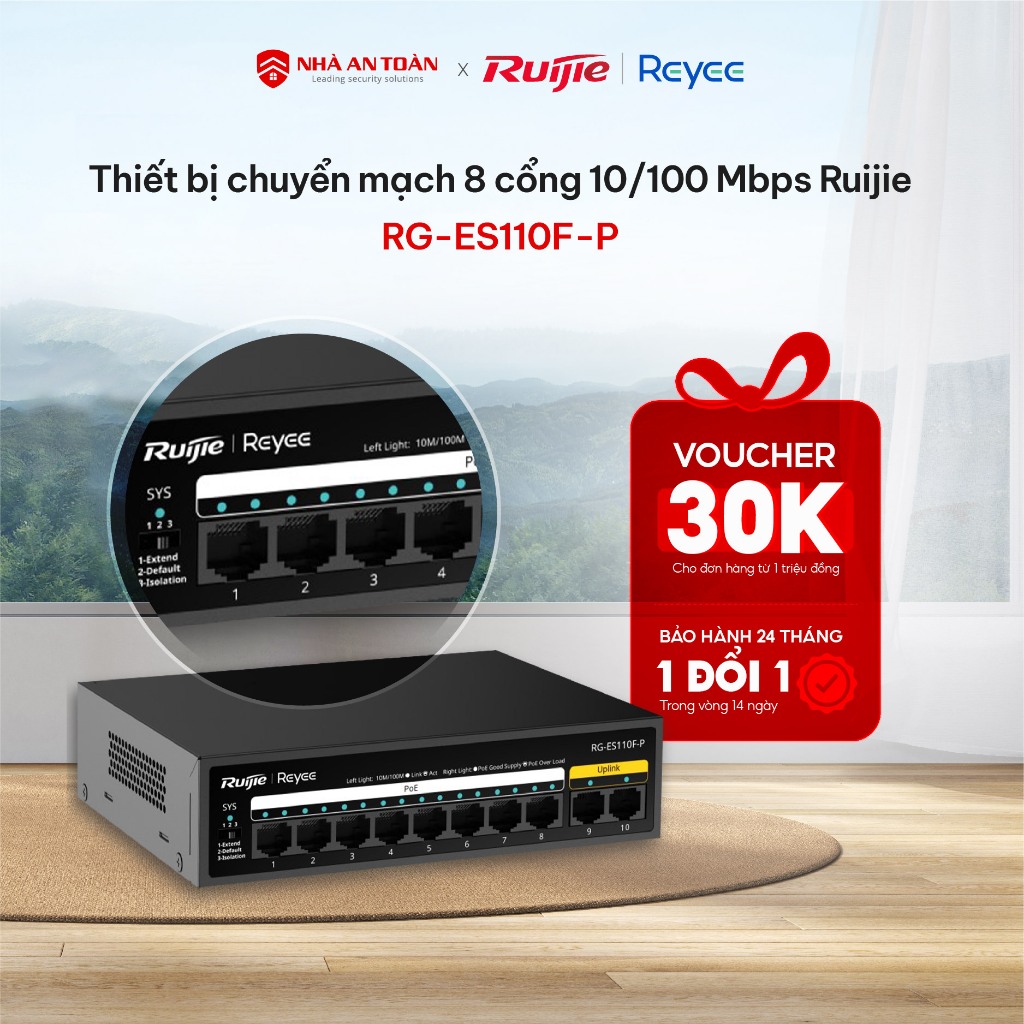 Bộ Chia Mạng Switch Ruijie Reyee RG-ES110F-P - Switch Chia Mạng 10 cổng 10/100 Mbps Có Hỗ Trợ PoE
