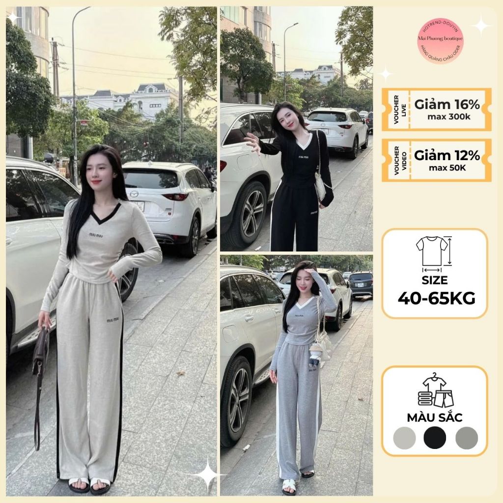 A150 SET MIUMIU CỔ TIM LÉ CỔ QUẦN Set Bộ Đồ Nữ Sang Chảnh Cá Tính Năng Động Áo Dài Tay Quần Dài Ống Suông 2size 40-65kg