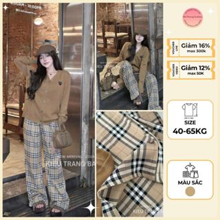 A138 SET CADIGAN NÂU KẺ TIM MẮT KT Set Bộ Đồ Nữ Mùa Thu Sang Chảnh Cá Tính Áo Khoác Mix Quần Dài Kẻ Thô 2size 40-65kg